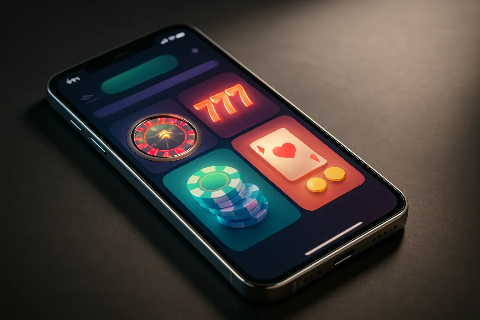 Sleek Android smartphone displaying colorful casino-style app interface on dark surface