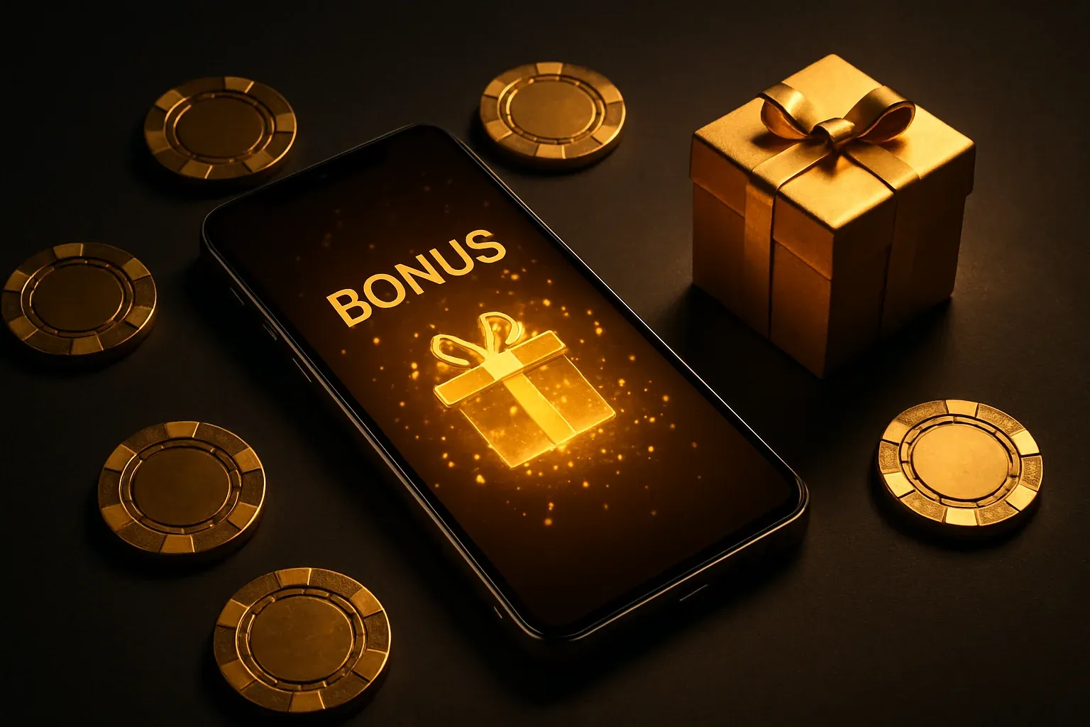Sleek smartphone with golden bonus interface, casino chips, and glowing gift box