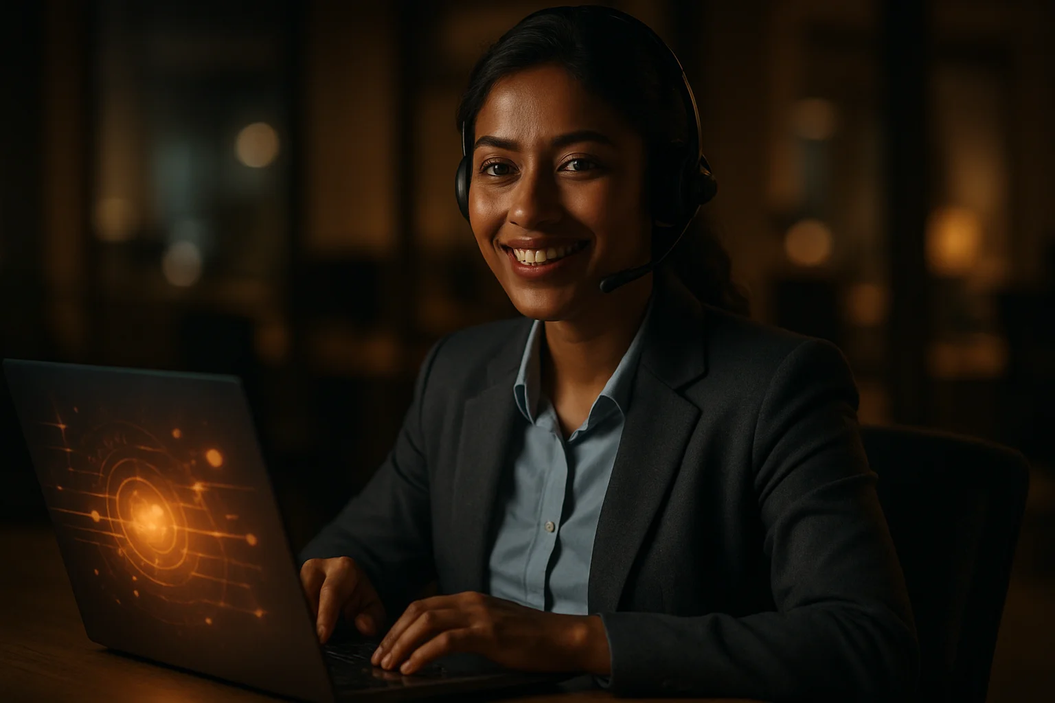 Smiling Bangladeshi customer service representative at desk with laptop in warm office
