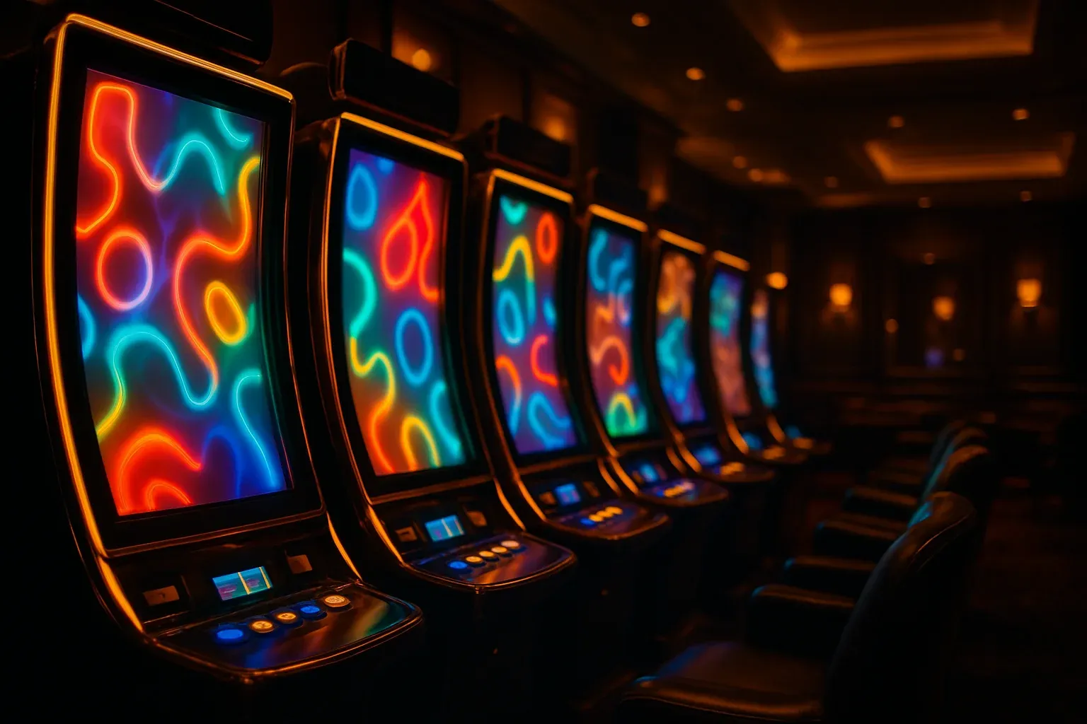 Colorful slot machine screens glowing in a dark neon casino lounge
