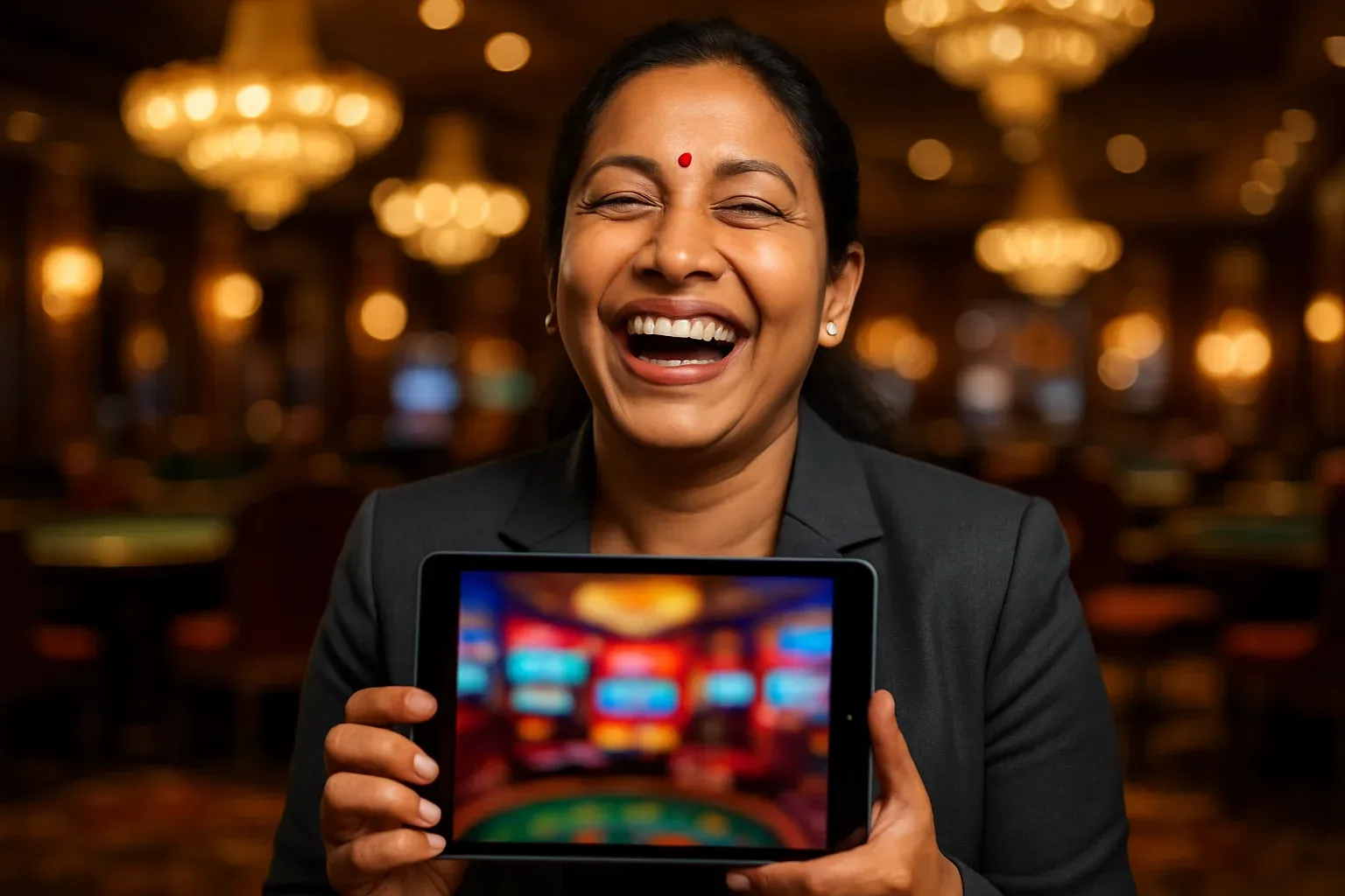 Happy Bangladeshi woman in blazer holding tablet with blurred casino lobby screen