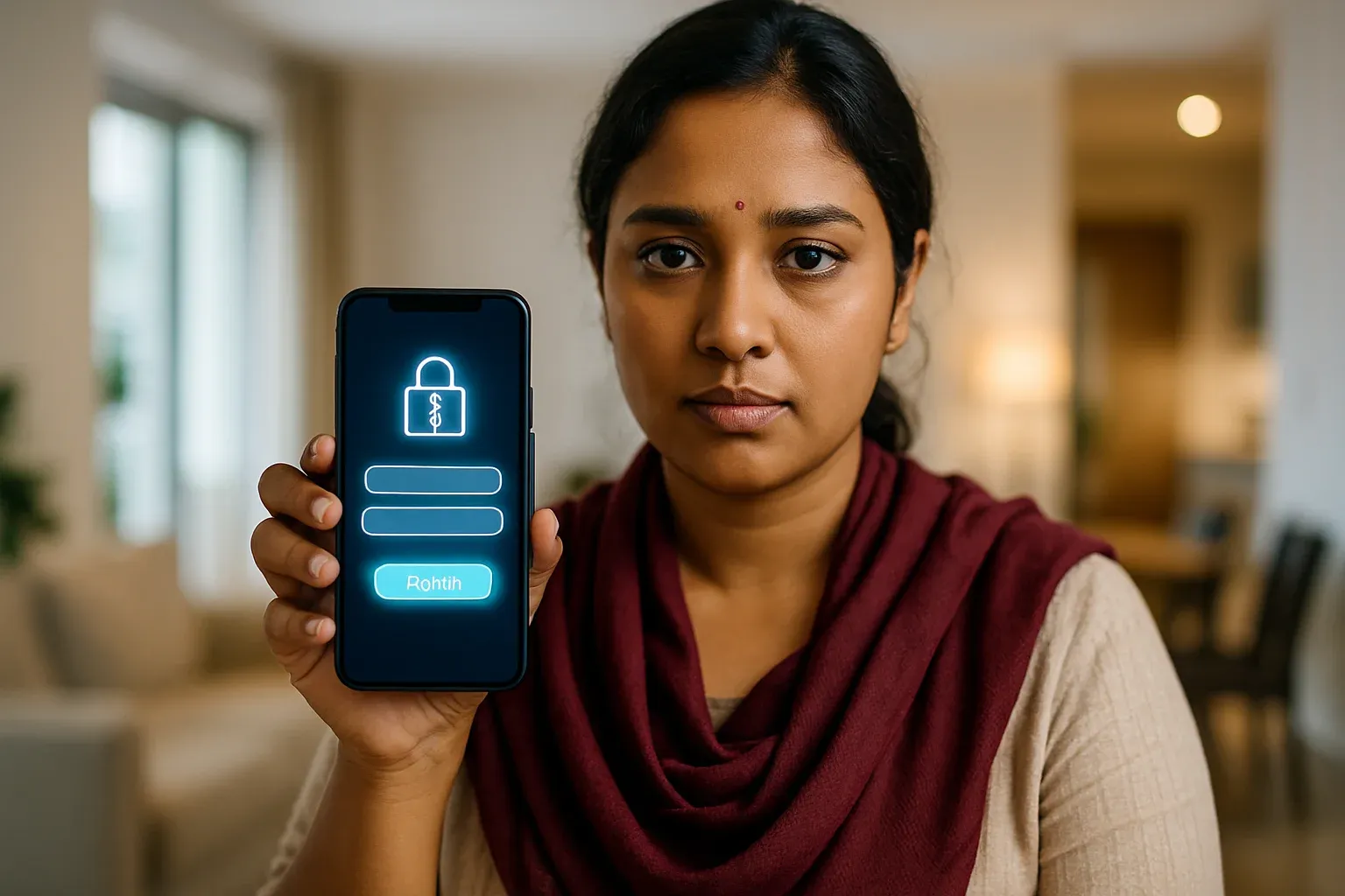 Bangladeshi woman holding smartphone showing stylized login screen indoors