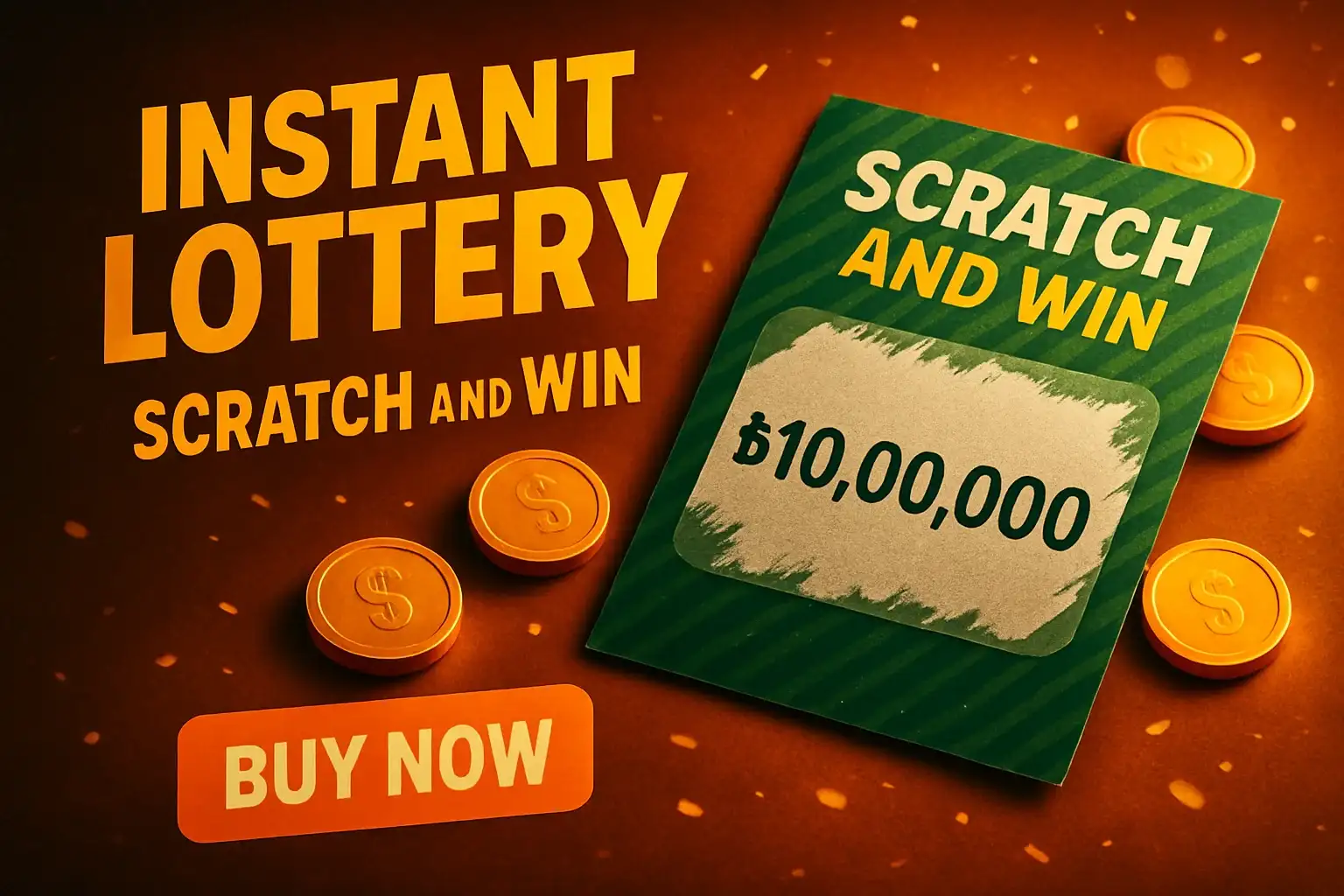 Festive instant lottery scratch card banner with coins, CTA button, Bangladeshi prize