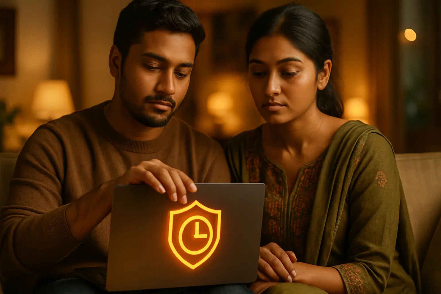 Young Bangladeshi couple calmly closing laptop with time-to-stop icon