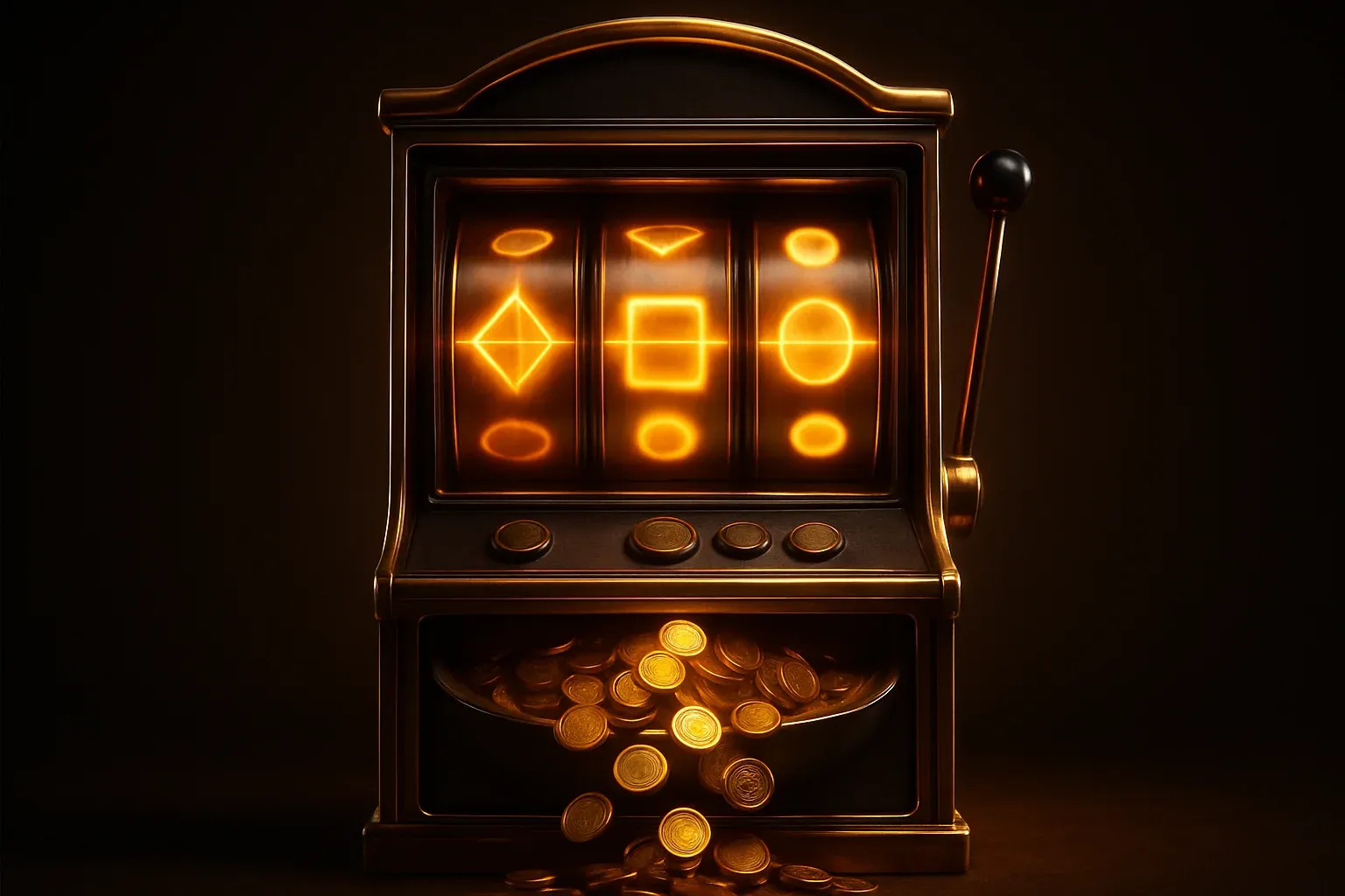 Ultra-realistic ornate slot machine with spinning reels and golden coins spilling